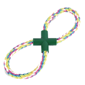 Durable 8-shaped cotton rope dog toy in yellow and blue with a green connector piece