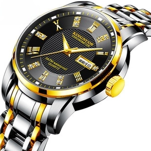 Macro view of two-tone stainless steel watch with black mesh dial and day-date display
