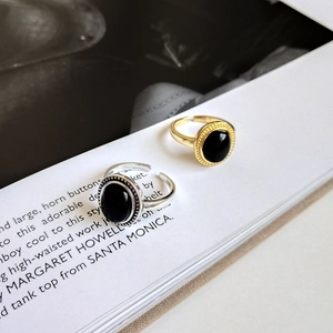 Vintage S925 sterling silver adjustable rings with oval black agate in gold and silver