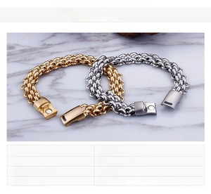Detailed view of woven stainless steel bracelets in gold and silver with magnetic clasp