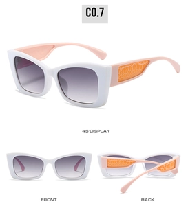 Detailed views of cat-eye sunglasses with white frames and textured crocodile pattern temples