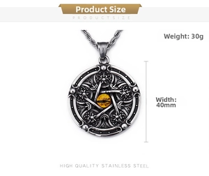 Detail of 40mm vintage stainless steel pendant with amber cat eye stone and pentagram