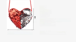 Detailed view of heart-shaped sequin purse with red lanyard showing precise 12x11.5cm size