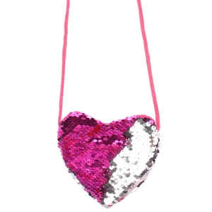 Detail of mini heart-shaped crossbody bag with reversible sequins and slim pink strap