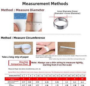 Detailed ring size chart with US sizes, circumference, and diameter measurement guide