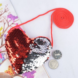 Mini heart-shaped reversible red and silver sequin crossbody bag for children with strap