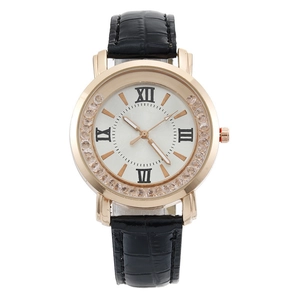 Elegant rose gold watch with sparkling rhinestones and black leather strap for women
