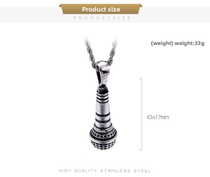 Detailed view of 33g stainless steel microphone pendant with dimensions on white background