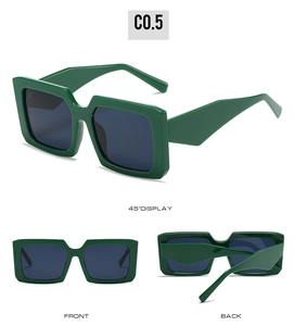 Three-way view of square dark green sunglasses with thick temples and gray lenses