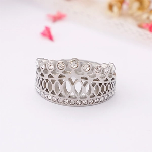 Elegant silver crown ring with white rhinestones and polished titanium steel finish