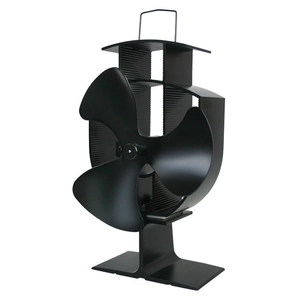 Detail view of black aluminum heat powered stove fan with three blades and metal handle