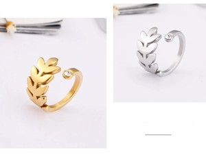 Bague ouverte ajustable avec feuilles en or et argent, cristal et acier inoxydable fin