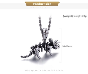 Detailed view of triceratops skeleton pendant in vintage stainless steel finish