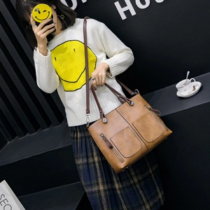 Vintage brown PU leather tote bag with large capacity and double front flap pockets
