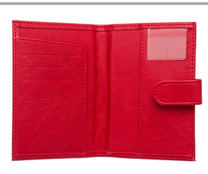 Red PU leather passport holder detail showing card slots and transparent ID window