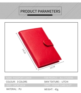 Detailed technical diagram of red PU leather passport cover with exact dimensions