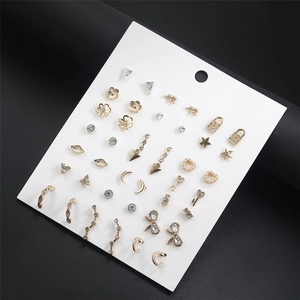 Golden elephant and geometric earring set with pearls and crystals on display card