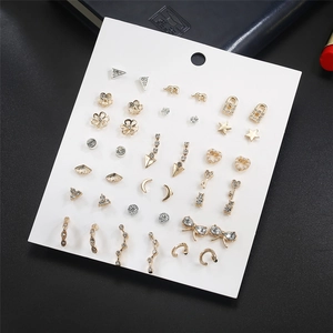 Set of 24 pairs gold and silver stud earrings with pearls and crystal rhinestones