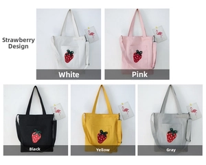 Detailed grid showing strawberry canvas tote bags in white pink black yellow and grey