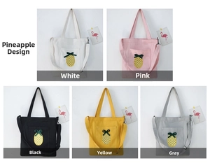 Close-up of cute pineapple design canvas tote bags available in five various colors