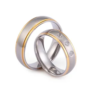 Couple Rings 316L Stainless Steel Two-Tone Gold Brushed Frosted Inlaid Cubic Zirconia Minimalist Fashion Jewelry