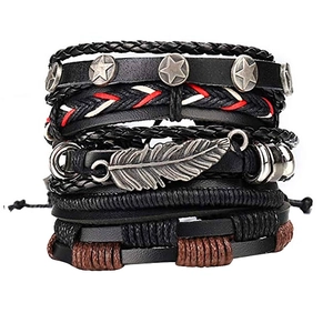 Multilayer leather bracelet set with metallic feather charm and star studs for men