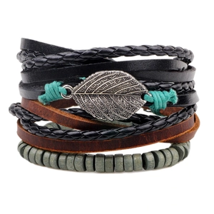 Multilayer leather bracelet set featuring green wood beads and a silver leaf charm
