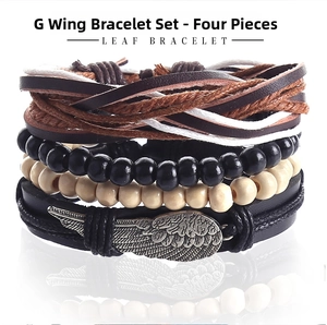Detail of four-piece set with woven leather band, black beads and silver leaf charm