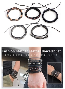 Detail view of woven leather bracelet set featuring vintage feather and star metal charms