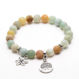 Natural Amazon Stone Beaded Bracelet With Alloy Tree Of Life And Flower Charms Bohemian Elastic Yoga Jewelry Women