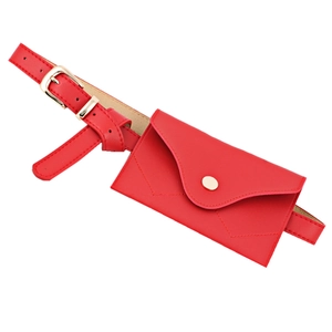 Classic red PU leather waist bag with gold buckle and adjustable belt on white background