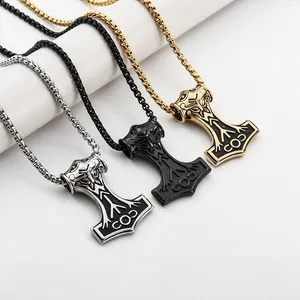 Three colors of Thor's hammer Mjolnir pendants with vintage texture on box chains