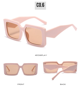 Three-angle views of square thick-frame sunglasses in pink with brown lenses, code C0.6