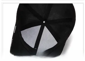 Detailed macro view of black cotton baseball cap interior stitching and breathable mesh
