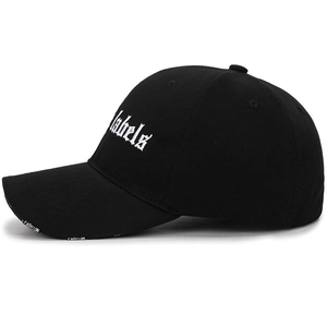 Classic black cotton baseball cap with labels embroidery and fashion text on the brim