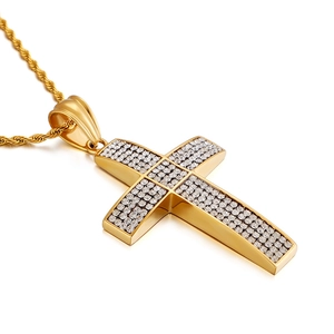 Pendentif croix hip hop en acier doré avec diamants sertis et chaîne en maille corde