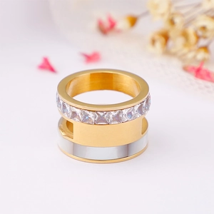 Two-tone gold and silver wide titanium steel ring with sparkling square zircon inlay
