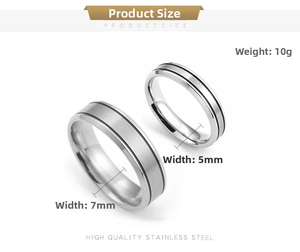 Detailed size chart for 5mm and 7mm silver stainless steel rings with brushed finish