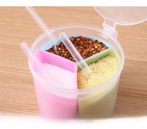 Detail view of the circular 3-grid kitchen spice box with spoons and colorful dividers
