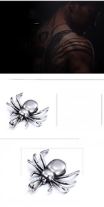 Macro shot of 316 stainless steel spider pendant with detailed dimensions and metal texture