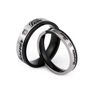 Bagues De Couple Gravées Forever Love Acier Inoxydable Bicolore Noir Argent Zircone Cubique Incrustée Bijoux De Promesse Romantique