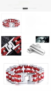 Bracelet chaîne de moto industriel pour hommes en fibre rouge et acier poli brillant