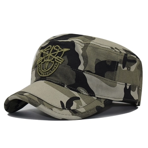 Stylish camouflage flat-top military cap with detailed embroidered crest for unisex