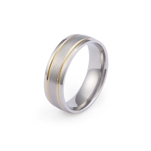 Polished stainless steel ring with frosted gold stripes and brushed finish texture