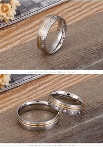 Macro view of brushed stainless steel ring featuring five sparkling round rhinestones