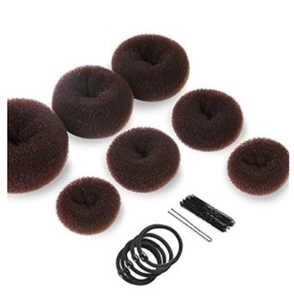 Brown hair donut bun maker set with various sizes, black hair ties and bobby pins