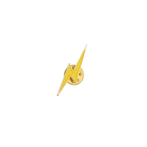 Detail of yellow enamel lightning bolt brooch with gold-plated edges and butterfly clutch