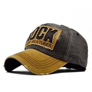 Vintage washed cotton baseball cap with ROCK embroidery in grey and yellow patchwork design