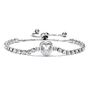 Detail of silver bolo bracelet featuring heart-shaped cubic zirconia and round stones