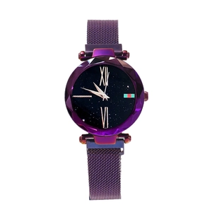 Women's purple starry sky dial quartz watch with magnetic milanese band and diamond-cut glass